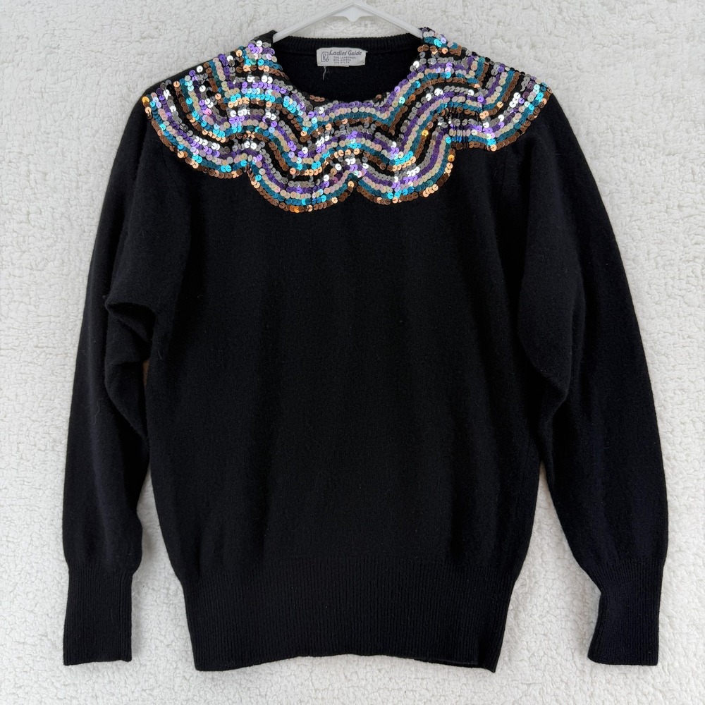 Ladies Guide Vintage 80s Black Sequin Lambswool Angora Sweater Womens Medium